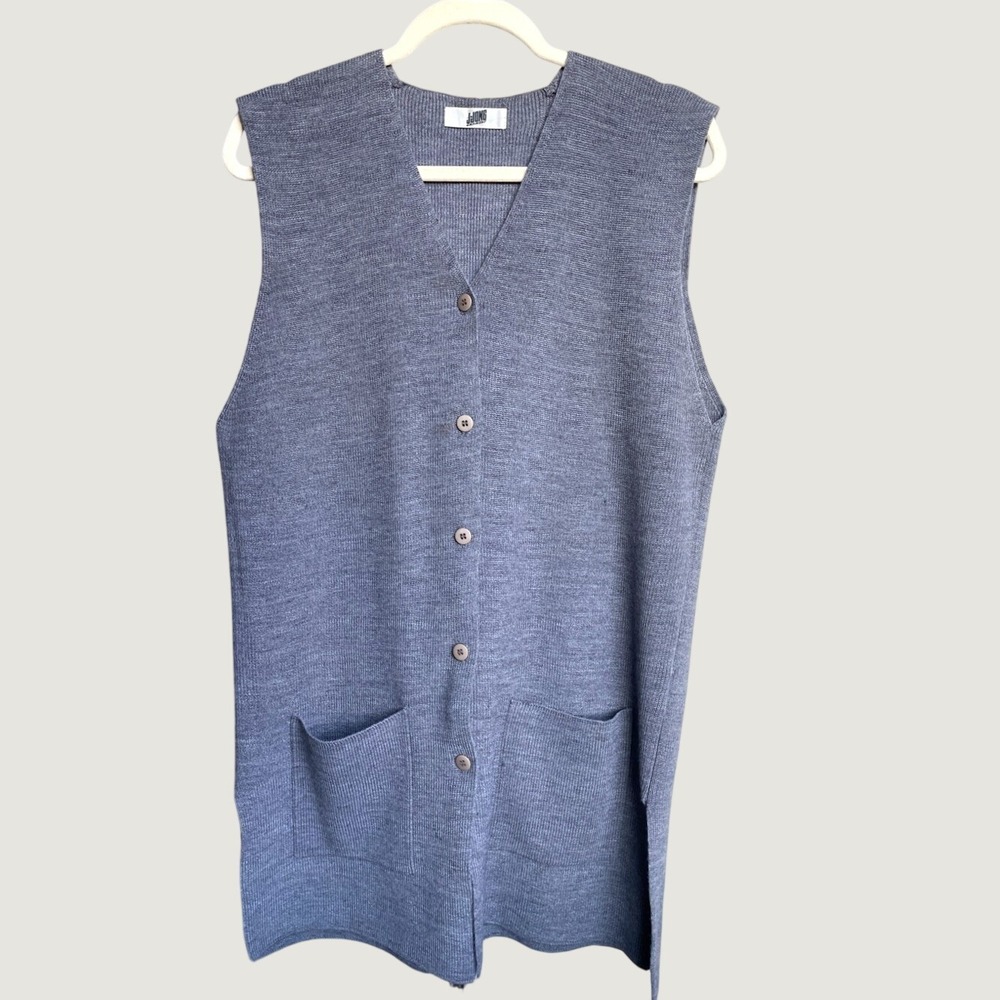 J.Jong Garment Blue Gray Knit Longline Button Front Vest Cardigan Wool Blend